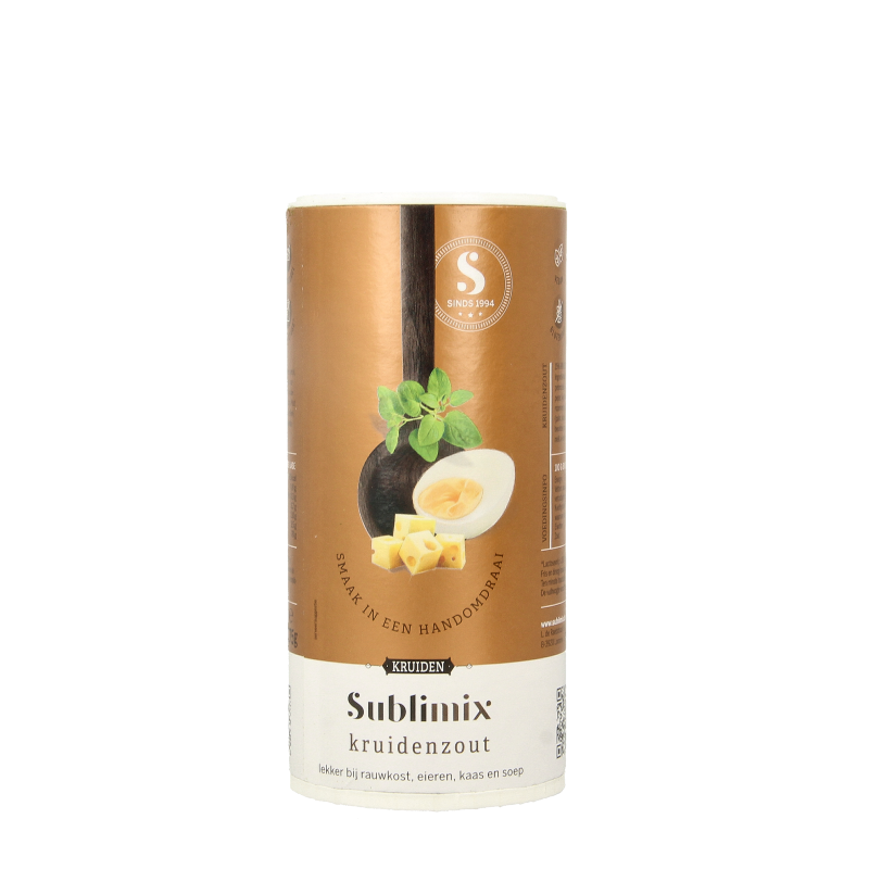 Sublimix Kruidenzout glutenvrij 175g jar with colorful label, containing herbal and salt blend for cooking.