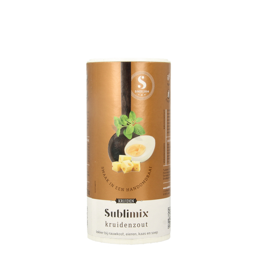Sublimix Kruidenzout glutenvrij 175g jar with colorful label, containing herbal and salt blend for cooking.