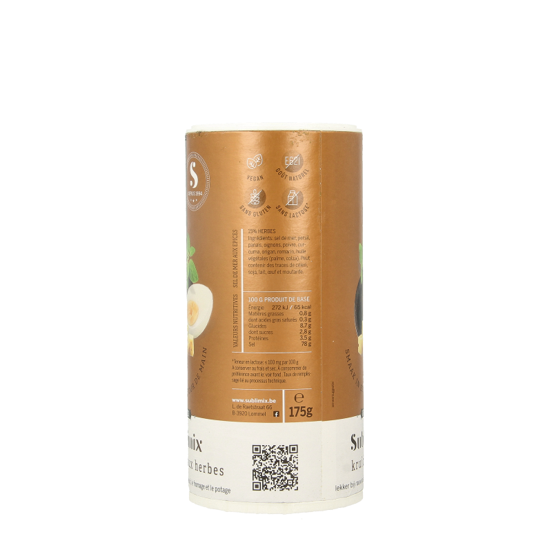 Sublimix Kruidenzout glutenvrij 175g, a blend of herbs and salt in a clear jar for seasoning meals