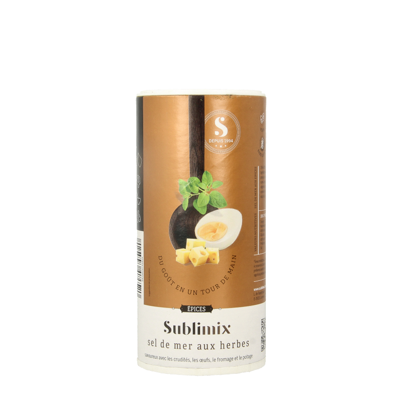 Sublimix Kruidenzout glutenvrij 175g jar with herbs and salt blend, natural ingredients, labeled gluten-free, on a white background.