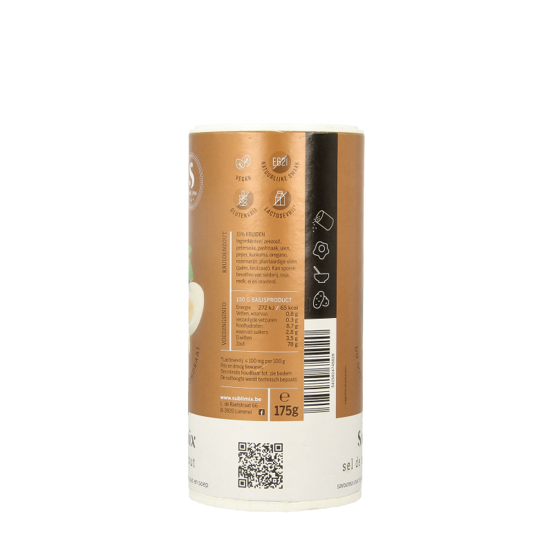 Sublimix Kruidenzout glutenvrij, 175g, a blend of herbs and salt in a clear jar with a white lid for seasoning meals.