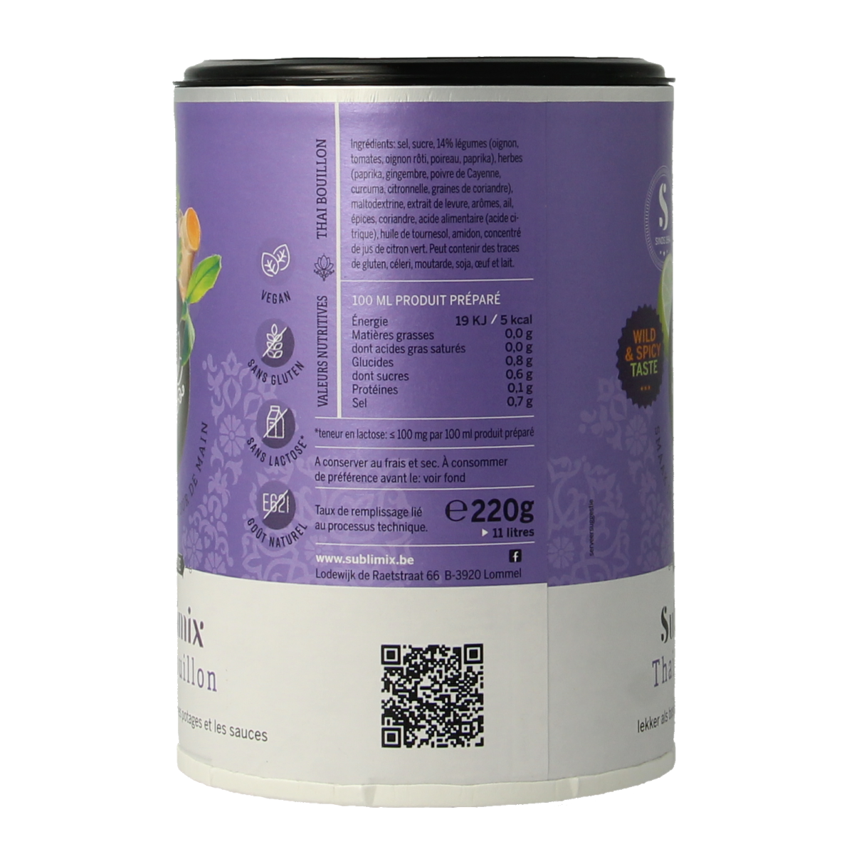 Sublimix Thai bouillon 220g container, flavorful seasoning for soups and broths, with a close-up of the product label.