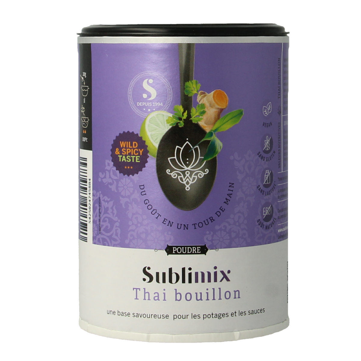 Sublimix Thai bouillon 220g, a flavor-rich seasoning for soups and broths, in a clear plastic jar with a scoop.