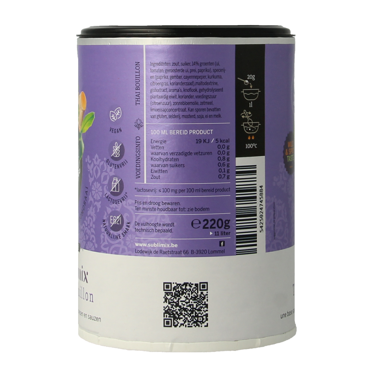 Sublimix Thai bouillon packet, 220 grams, for soups and broths, with vibrant packaging and Thai flavor ingredients.