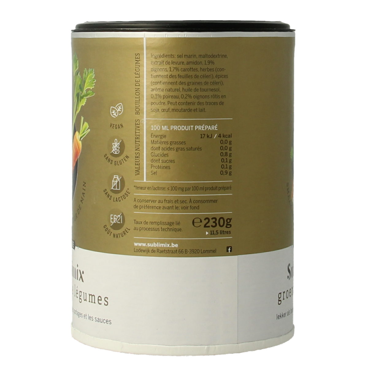 Sublimix glutenvrije groentebouillon in 230g container, featuring fresh vegetables and herbs for flavorful soups and broths.