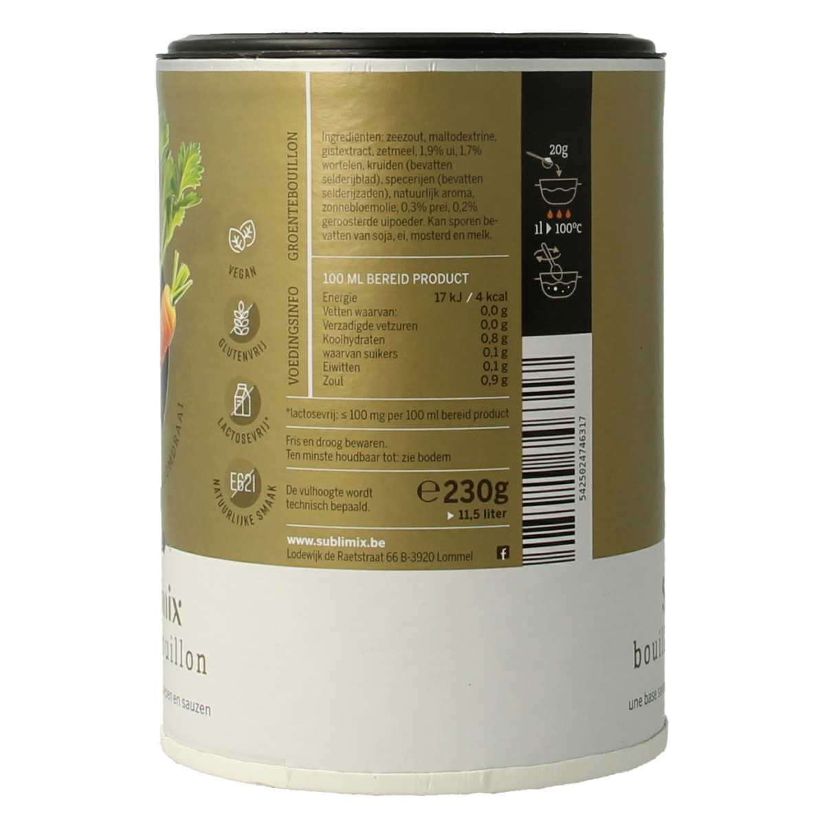 Sublimix Groentebouillon glutenvrij in 230g package, showing fresh vegetable ingredients and packaging for soup and broth.
