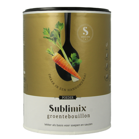 Sublimix Groentebouillon glutenvrij in 540g package, natural vegetable broth powder for soups and cooking.