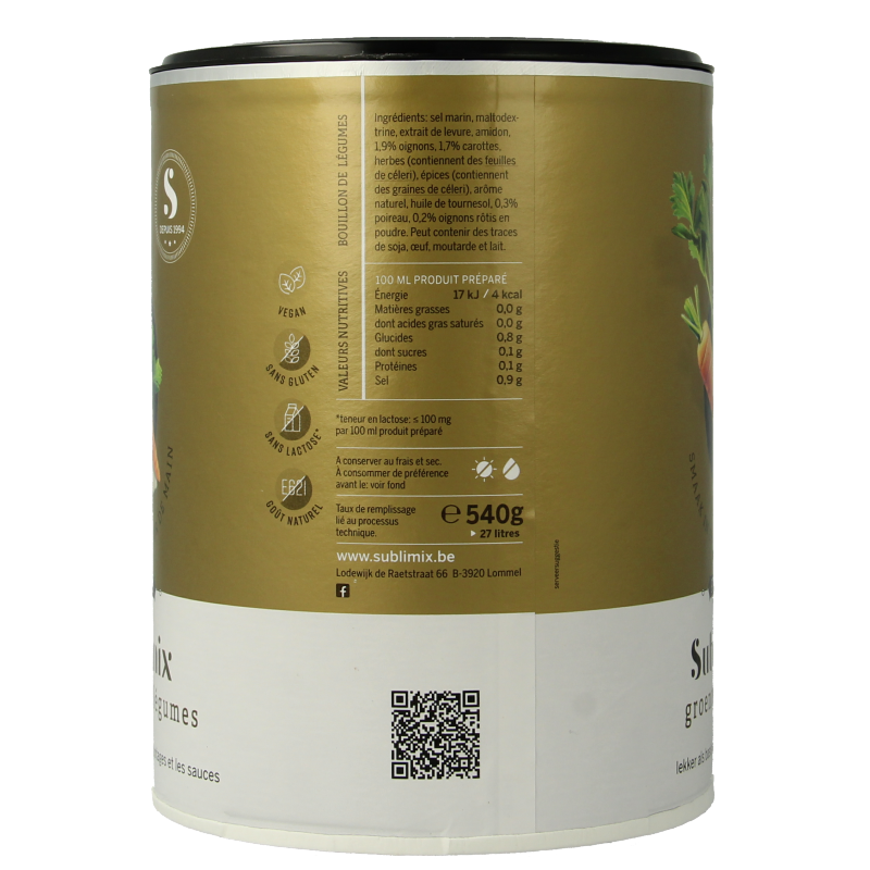 Sublimix glutenvrije groentebouillon in 540g container, showing a jar of vegetable broth for soups and bouillons