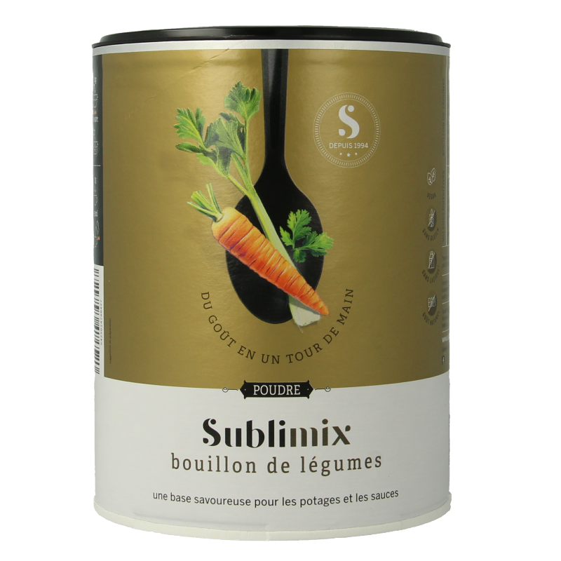 Sublimix Groentebouillon glutenvrij in 540g container, versatile vegetable broth for soups and cooking.