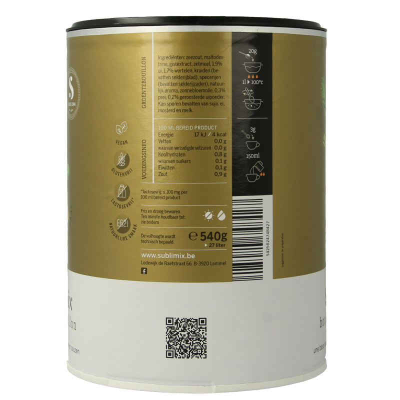 Sublimix glutenvrije groentebouillon in 540g container, ideal voor soepen en bouillons, with fresh vegetable ingredients visible.