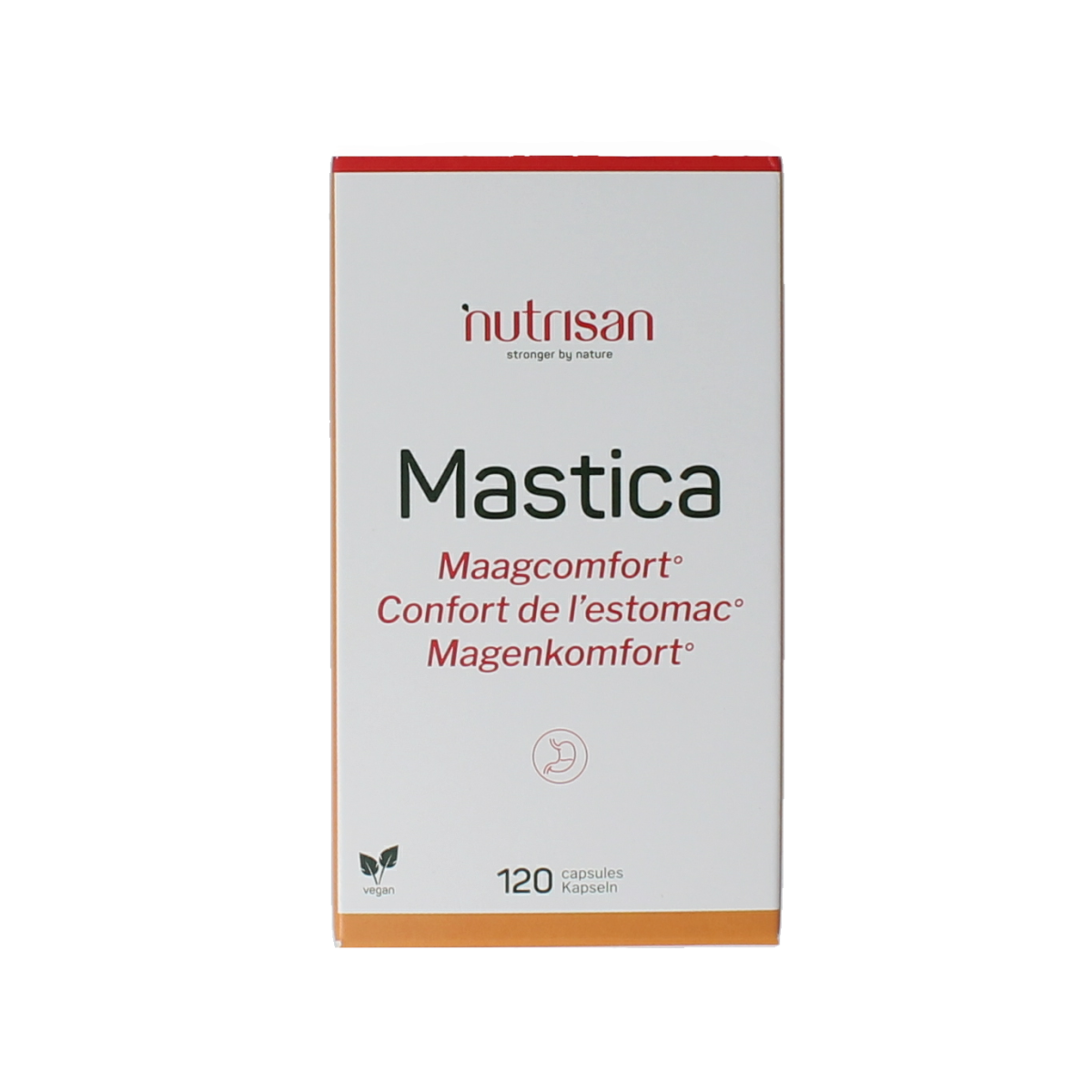 Nutrisan Mastica capsules, herbal supplement in a white bottle with label, displayed on a plain background.