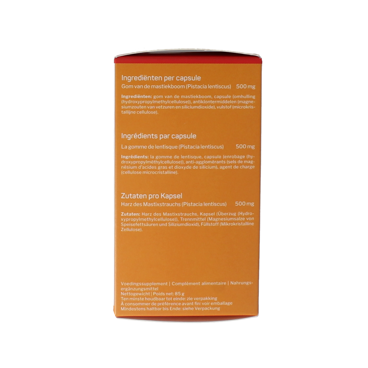 Nutrisan Mastica capsules in a bottle, herbal supplement from Nutrisan, Kruidenpreparaten product for digestive health.