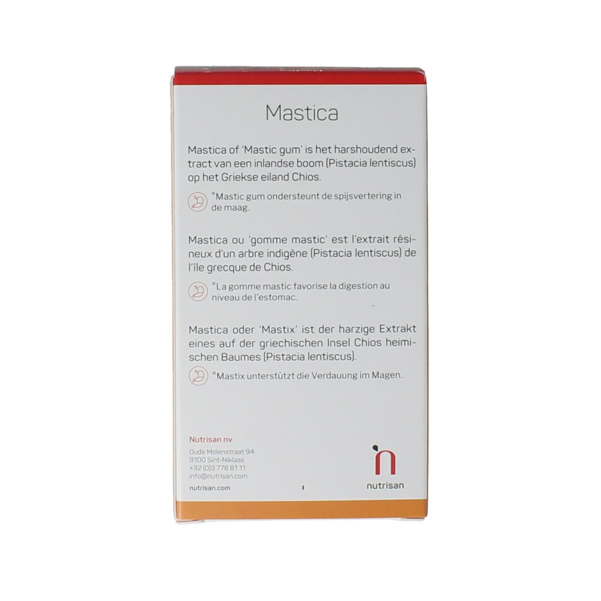 Nutrisan Mastica capsules, herbal supplement in a bottle, showcasing the Nutrisan brand packaging for herbal preparations.
