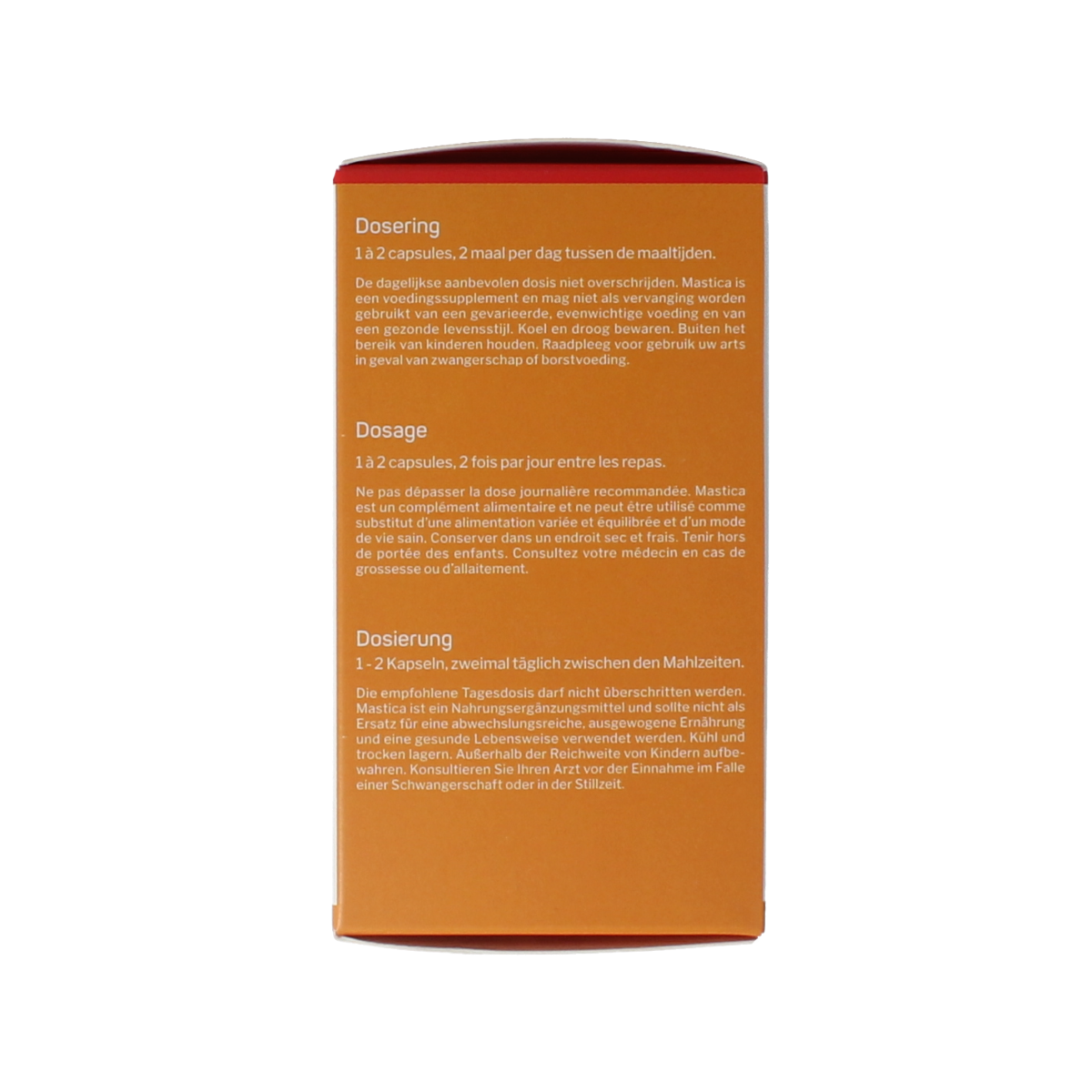 Nutrisan Mastica capsules, herbal supplement in a white bottle with a blue label and capsule images on the front.