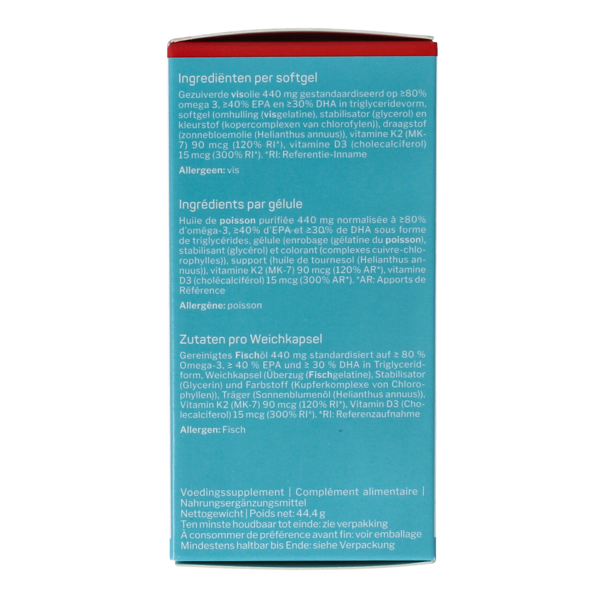 Bottle of Nutrisan NutriMK7 Vetzuren capsules with a white label, showing 60 capsules inside.