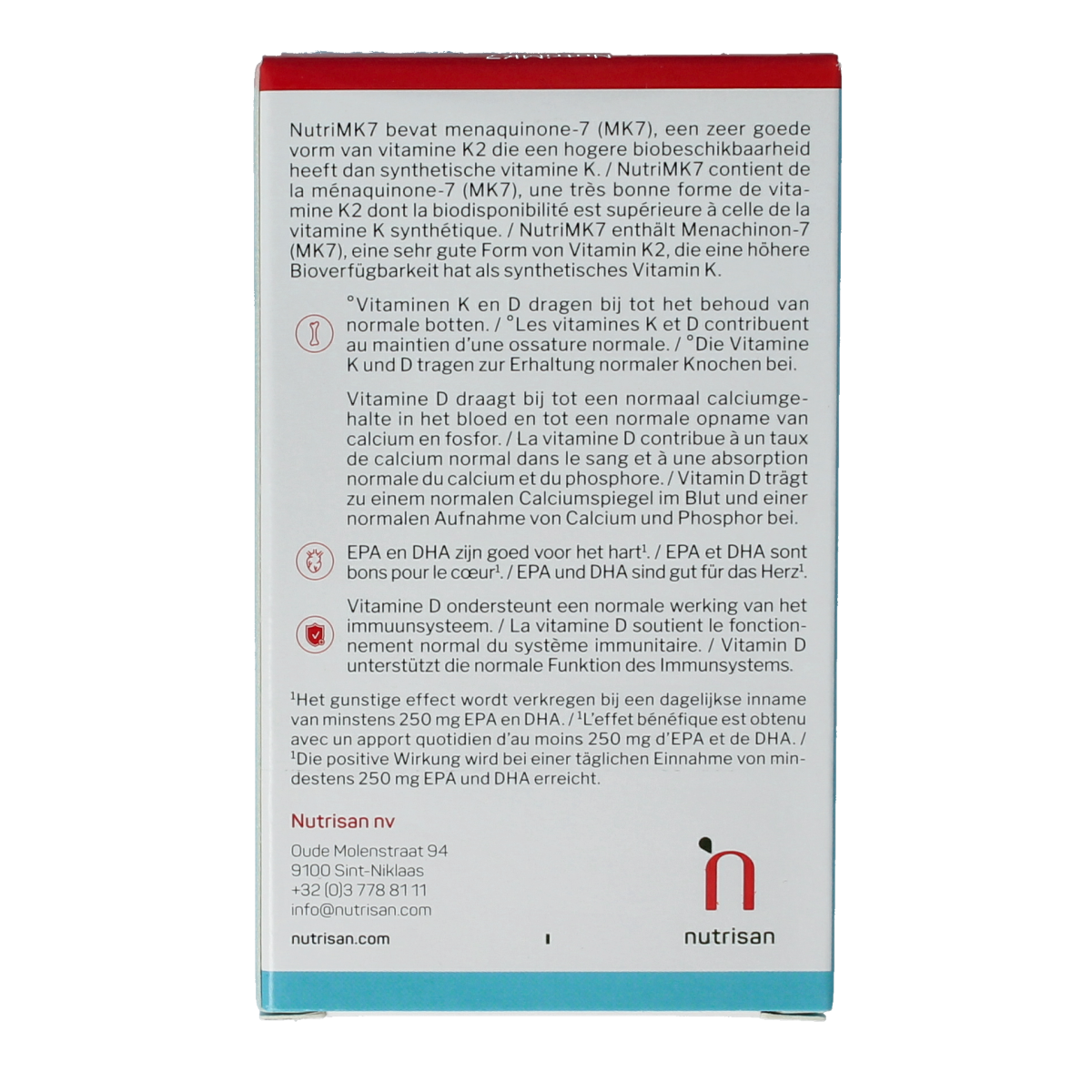 Vetzuren Nutrisan NutriMK7 60 capsules, dietary supplement with vitamin K2, displayed in a clear bottle with label details.