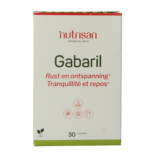 Nutrisan Gabaril vegetarian amino acid capsules in a blister pack, dietary supplement for amino acids and health support.