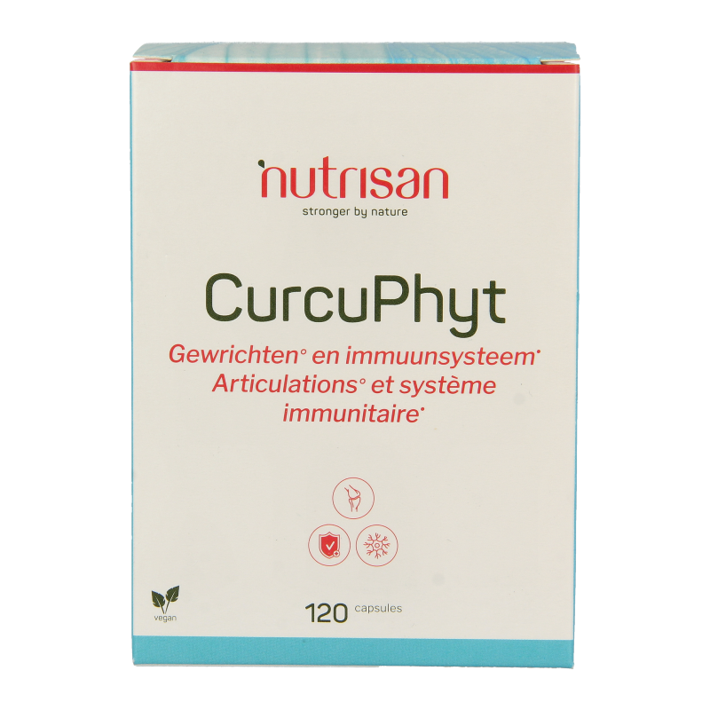 Nutrisan Curcuphyt herbal supplement capsules in a bottle, dietary supplement by Nutrisan for health support.