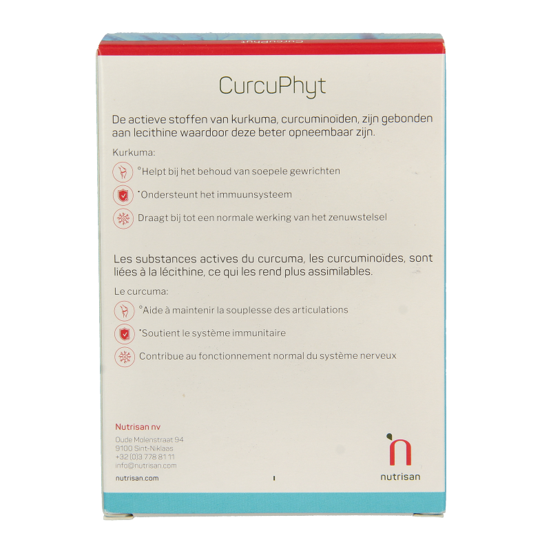 Nutrisan Curcuphyt herbal supplement capsules in a bottle, part of Nutrisan's kruidenpreparaten range.
