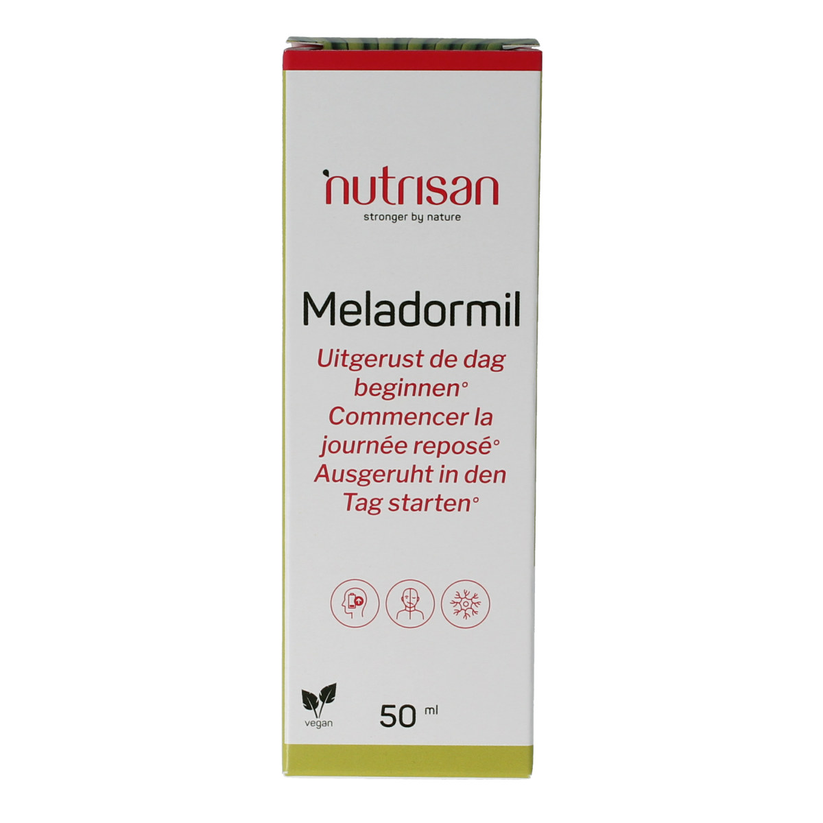 Nutrisan Meladormil herbal supplement in a 50ml bottle, part of Nutrisan's herbal preparation range with a white label and clear cap.