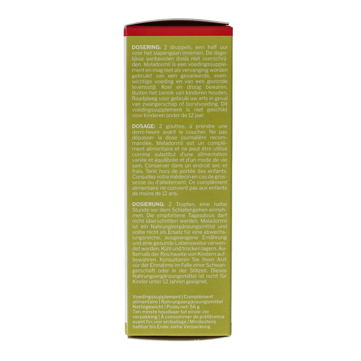 Nutrisan Meladormil herbal supplement bottle, 50ml, in a clear glass container with a white label showing product details.