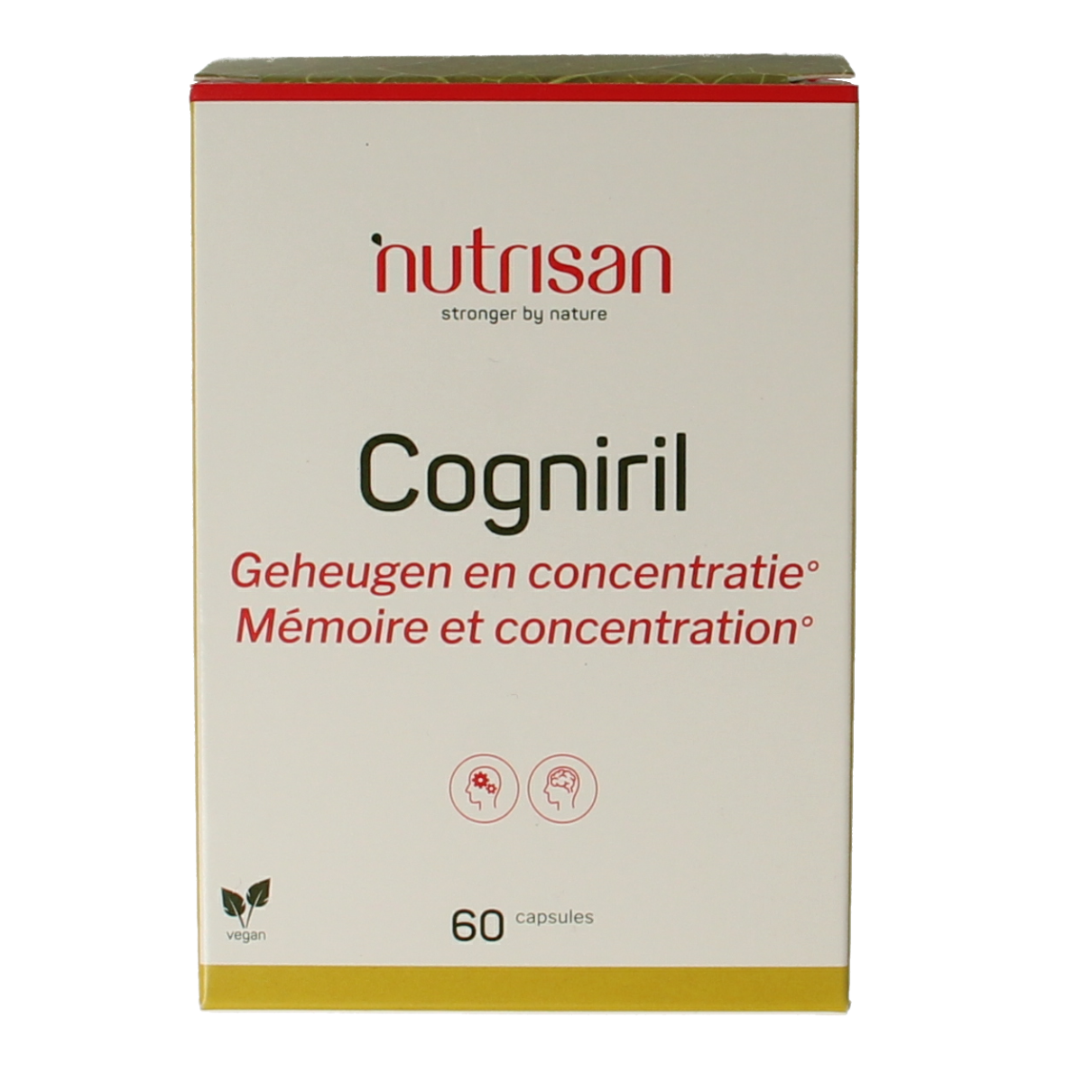 Nutrisan Cogniril capsules shown in a bottle, herbal supplement for cognitive support, in a clear view.