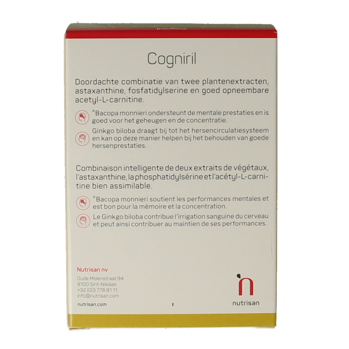 Nutrisan Cogniril herbal supplement capsules in a white bottle with label, designed for cognitive support and mental clarity.