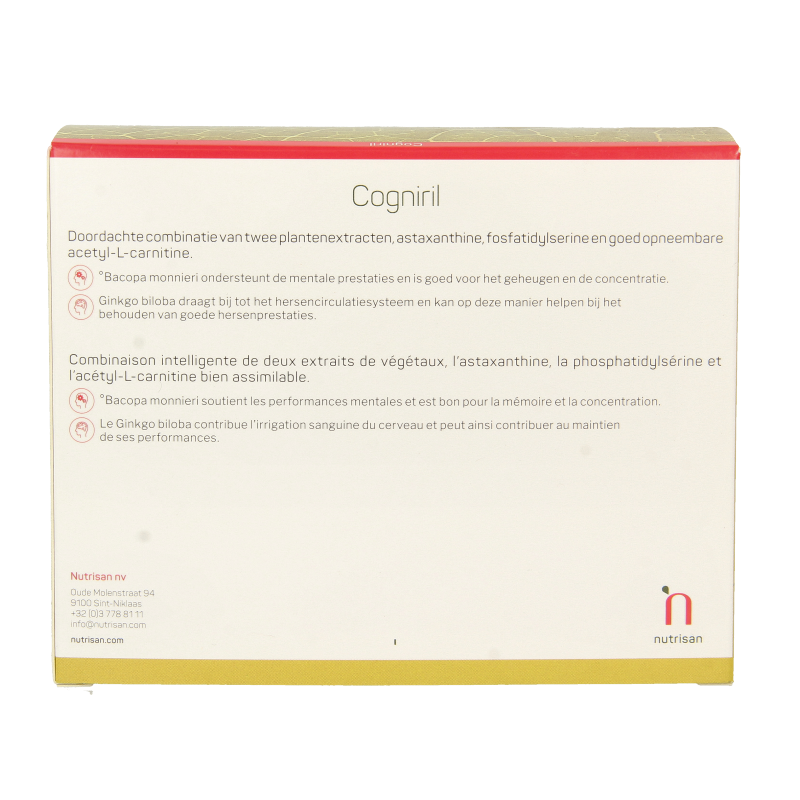 Nutrisan Cogniril herbal supplement capsules in a bottle, designed for cognitive support, by Nutrisan.
