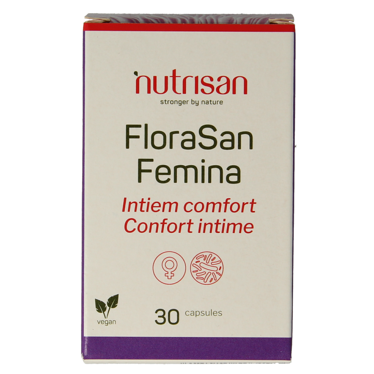 Nutrisan Florasan Femina probiotic capsules, containing micro-organismen, in a white bottle with label and capsules inside.