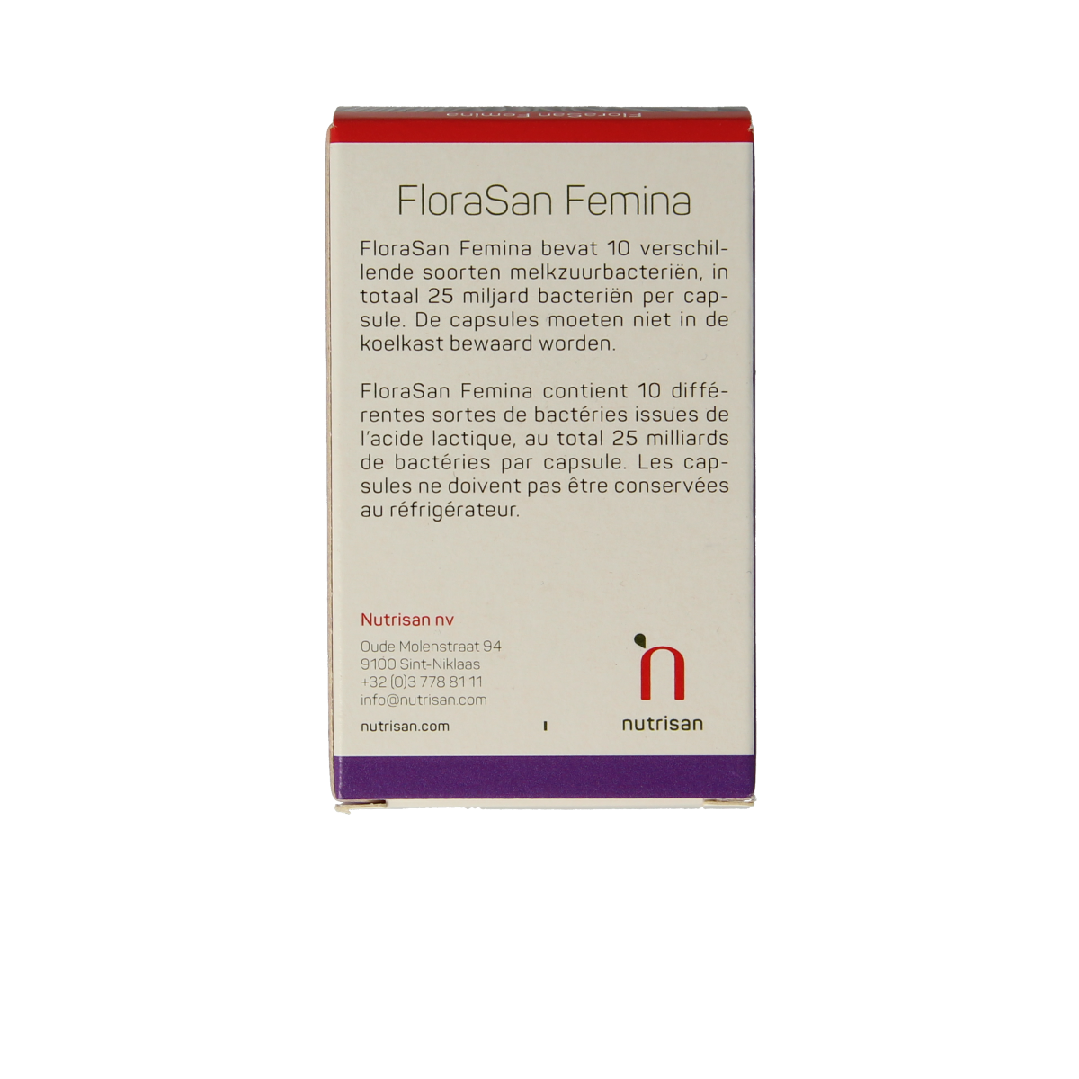 Nutrisan Florasan Femina probiotic capsules containing micro-organisms, 30-count, for digestive and feminine health.