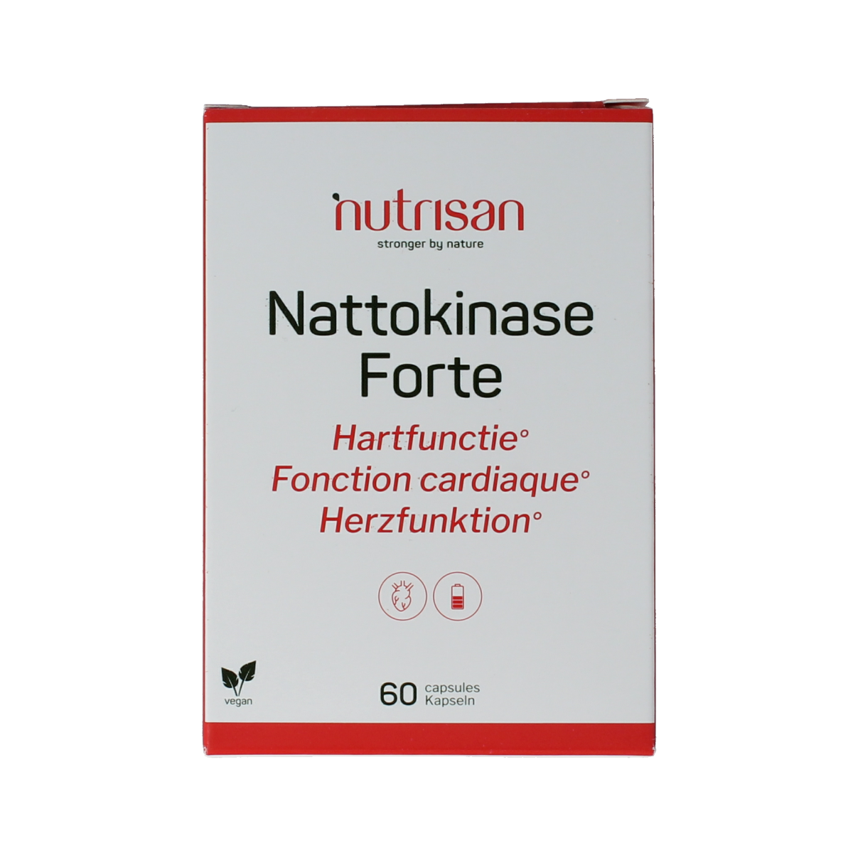 Nutrisan Nattokinase Forte capsules, dietary supplement with fiber and enzymes, in a bottle with 60 capsules.