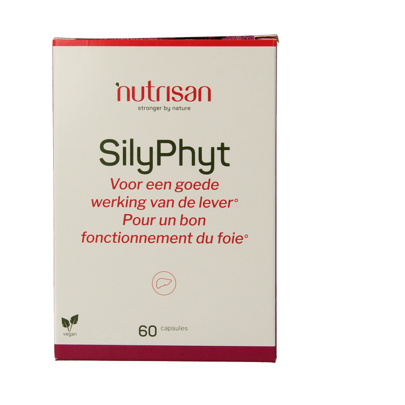 Nutrisan Silyphyt herbal supplement capsules in a blister pack, designed for liver health and natural herbal support.