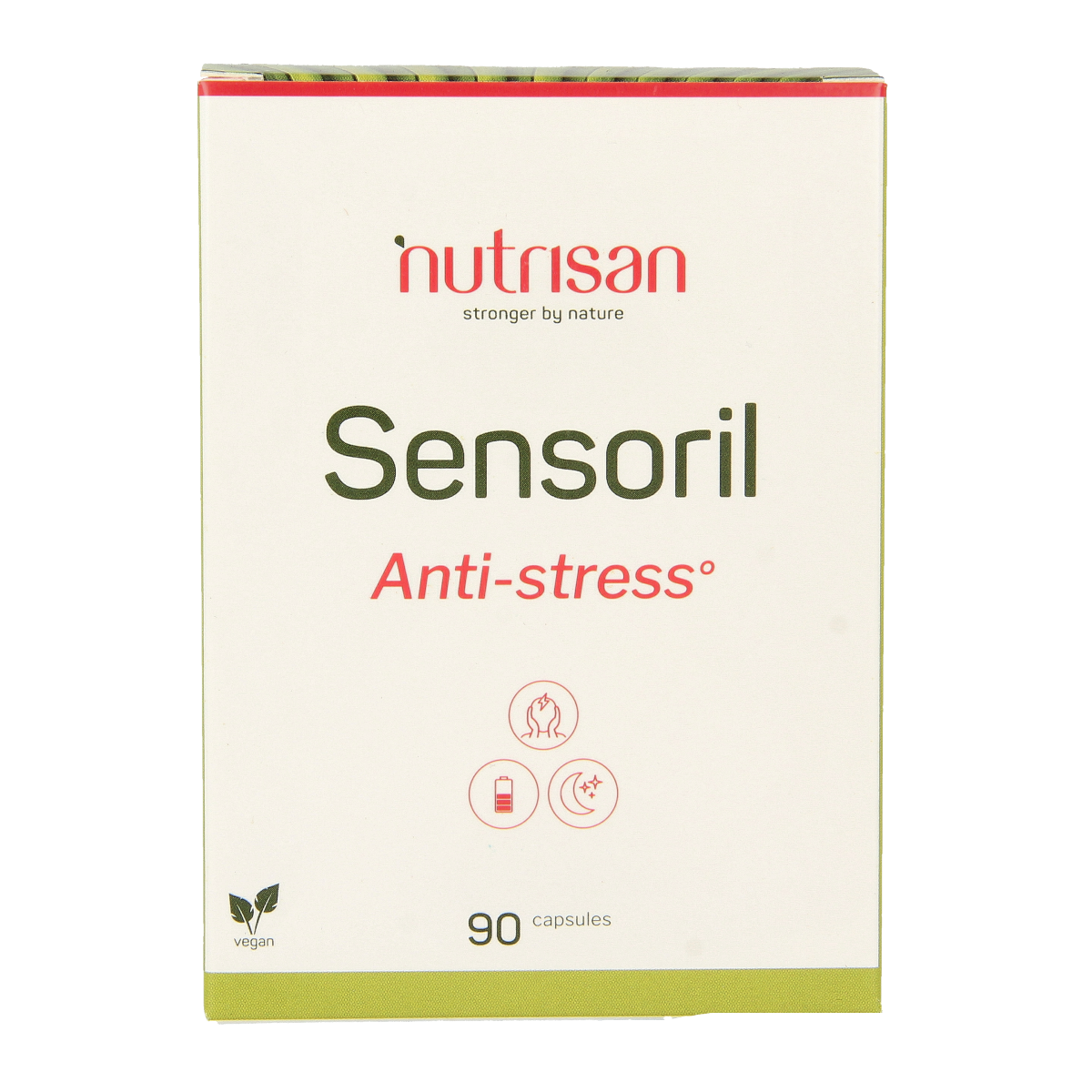 Bottle of Nutrisan Sensoril herbal supplement capsules, 90-count, in a white container with label, for herbal health support.