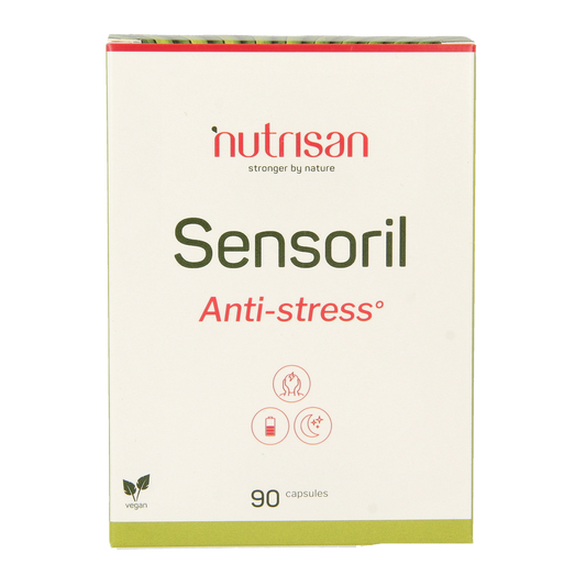 Bottle of Nutrisan Sensoril herbal supplement capsules, 90-count, in a white container with label, for herbal health support.