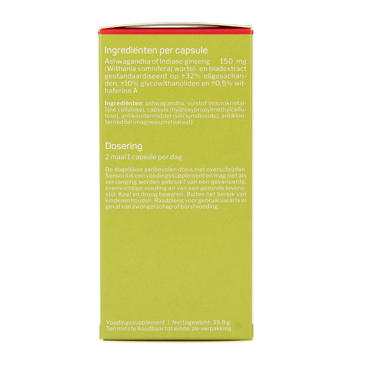 Nutrisan Sensoril herbal supplement capsules, natural kruidpreparaten in a bottle, for health support and wellness.
