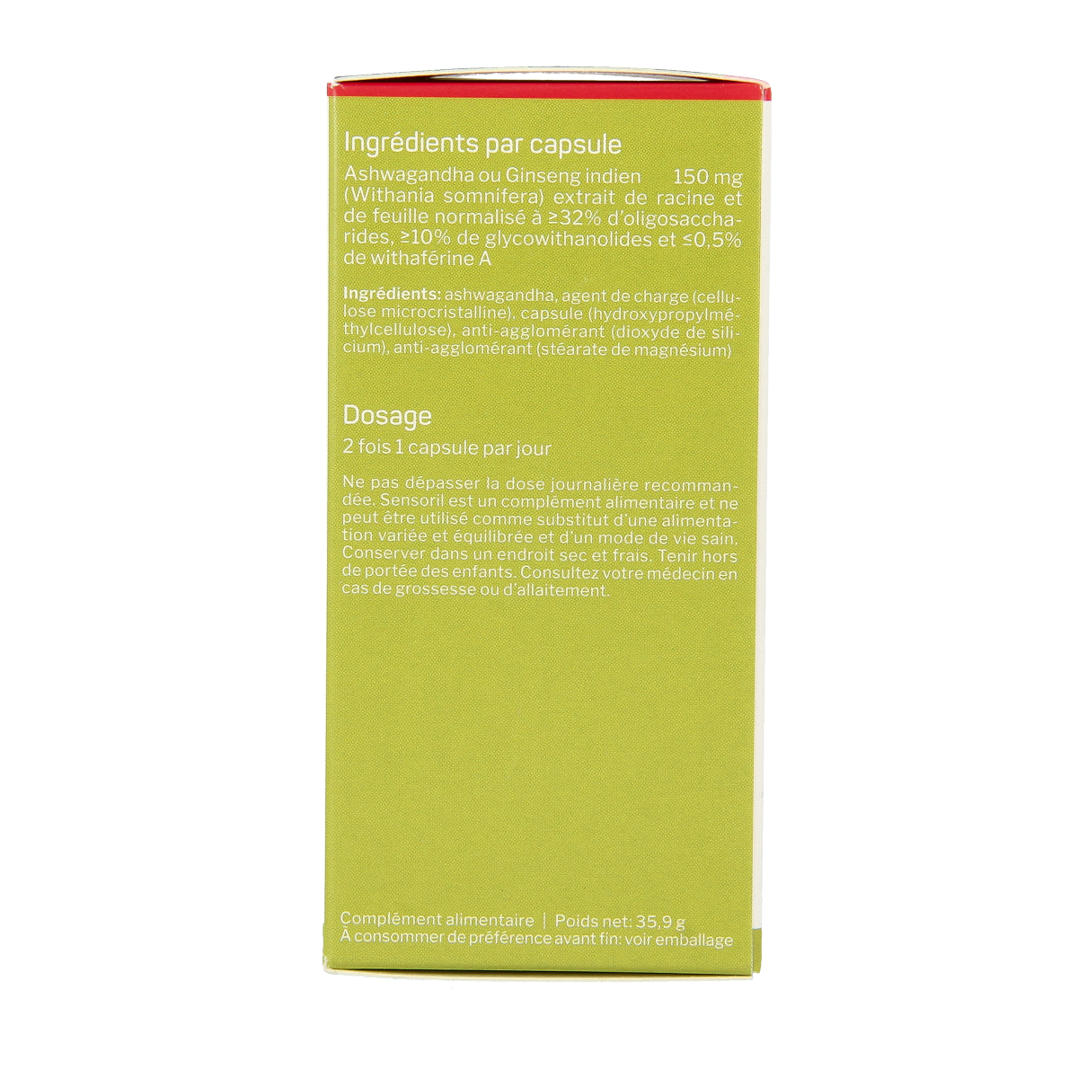 Nutrisan Sensoril herbal supplement capsules, natural kruidpreparaten in a bottle, showing 90 capsules for wellness support.