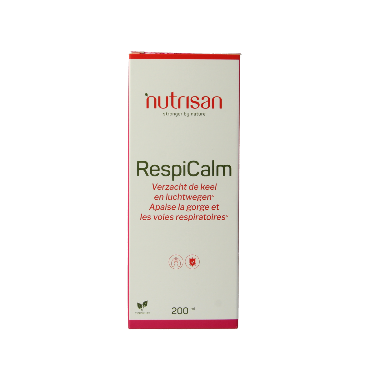 Nutrisan Respicalm herbal syrup bottle, 200ml, with herbal ingredients for respiratory support.