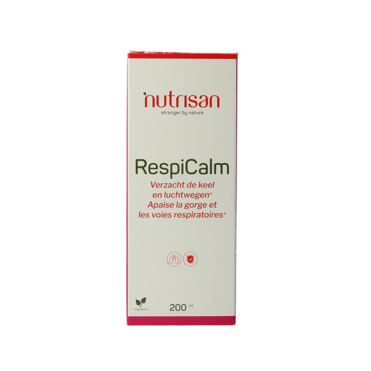 Nutrisan Respicalm herbal syrup bottle, 200ml, with herbal ingredients for respiratory support.