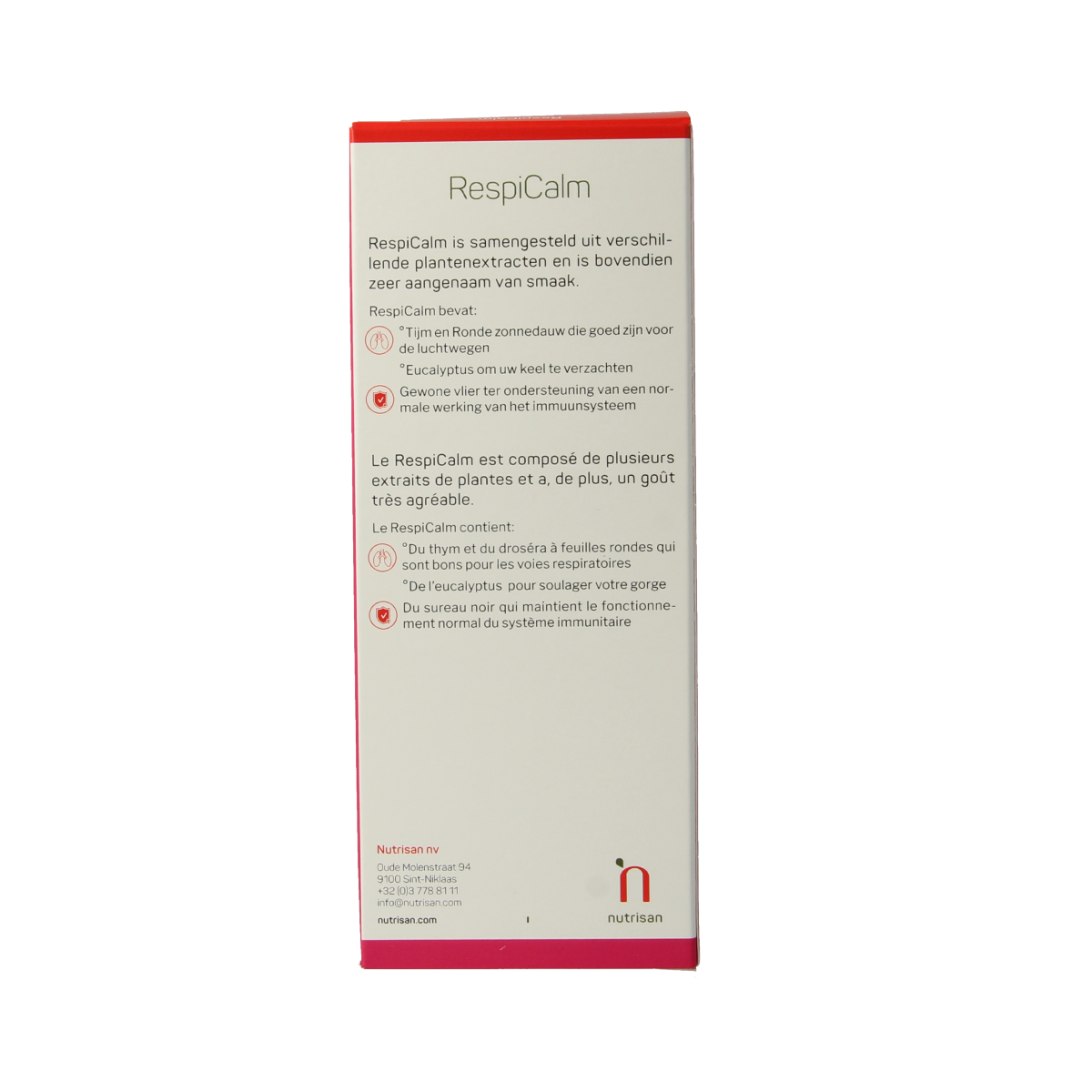 Nutrisan Respicalm herbal syrup in a 200ml bottle, featuring natural ingredients for respiratory support.