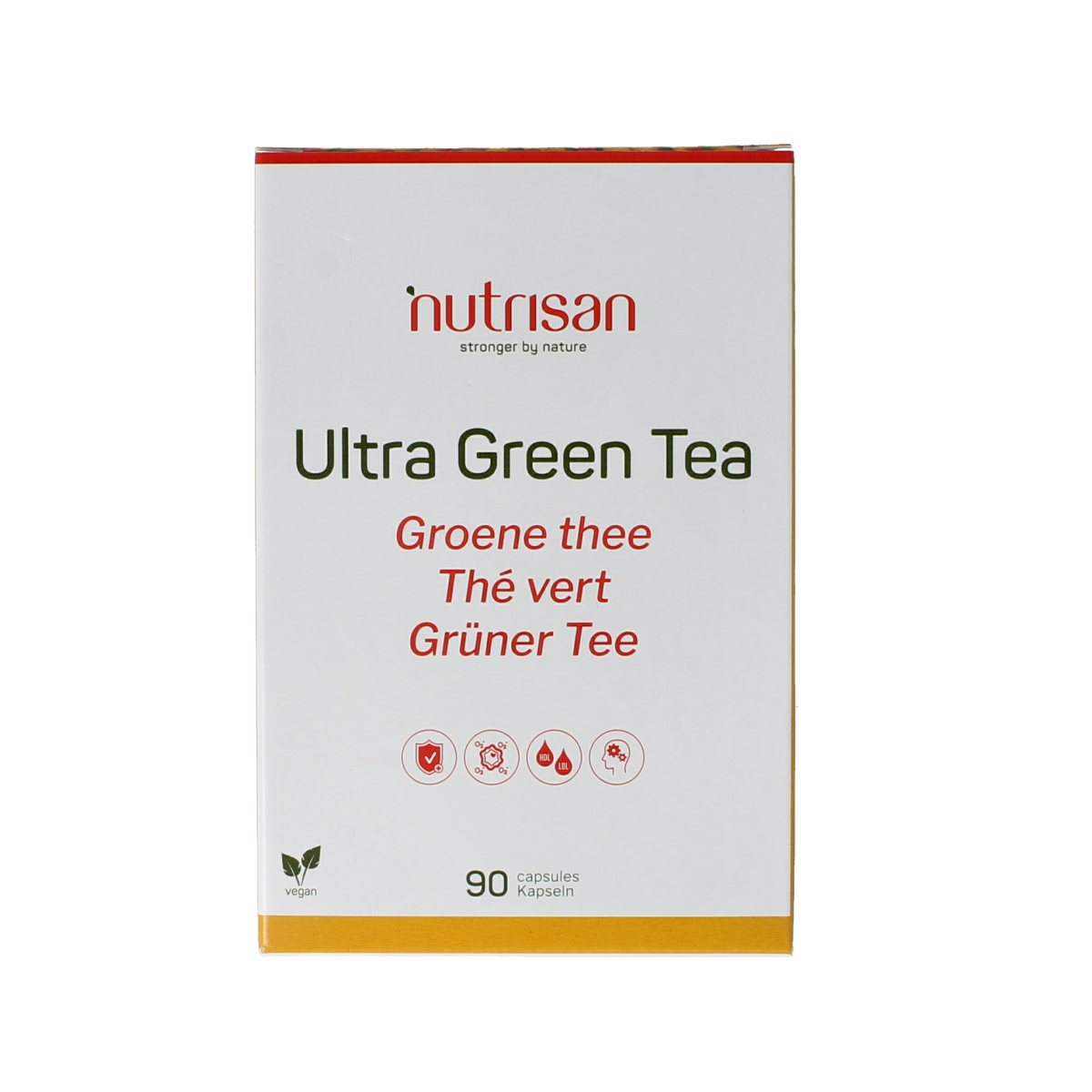 Nutrisan Ultra Green Tea capsules, herbal supplement in a blister pack, featuring green tea extract and natural ingredients.