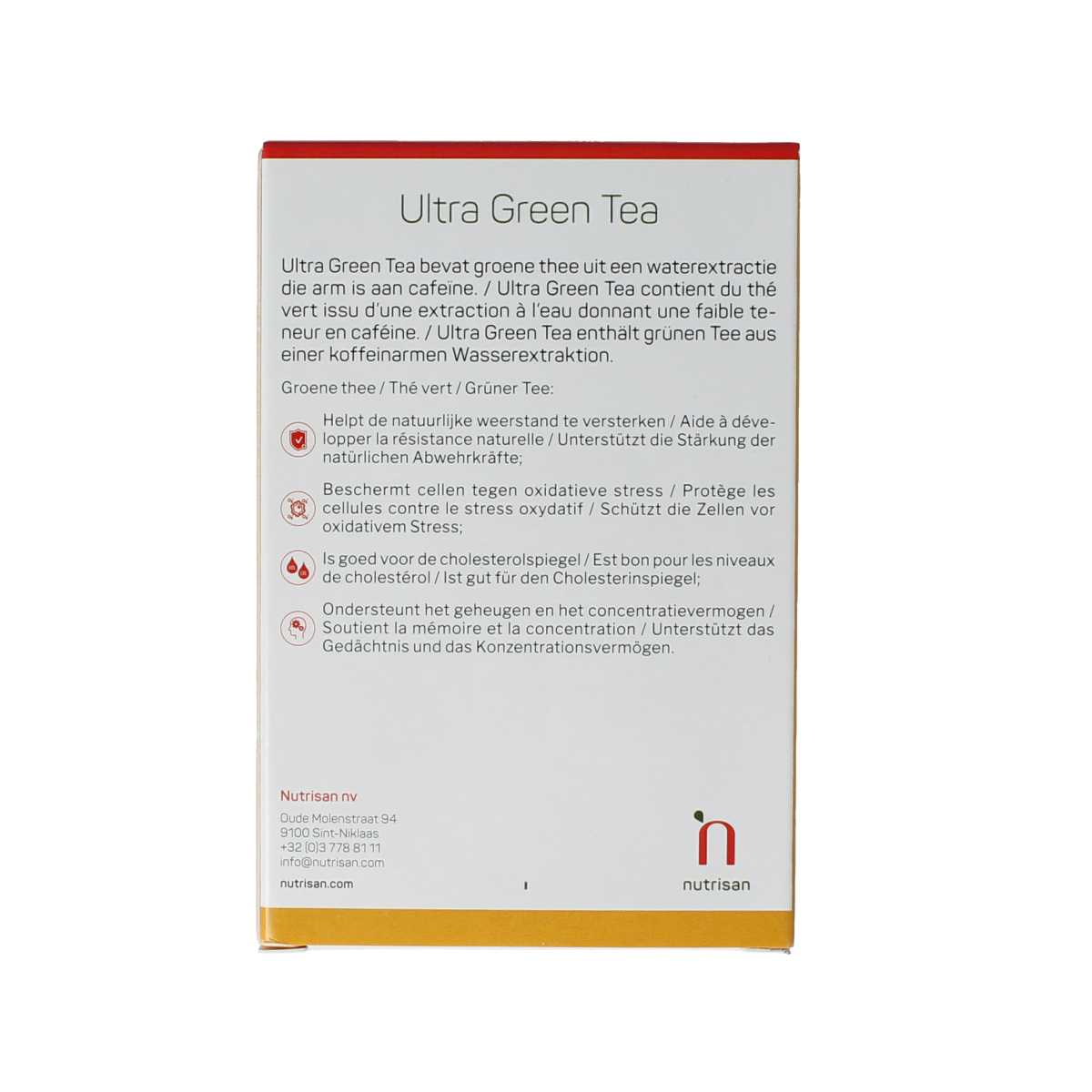 Nutrisan Ultra Green Tea capsules in a bottle, herbal supplement from Nutrisan for wellness and antioxidant support.