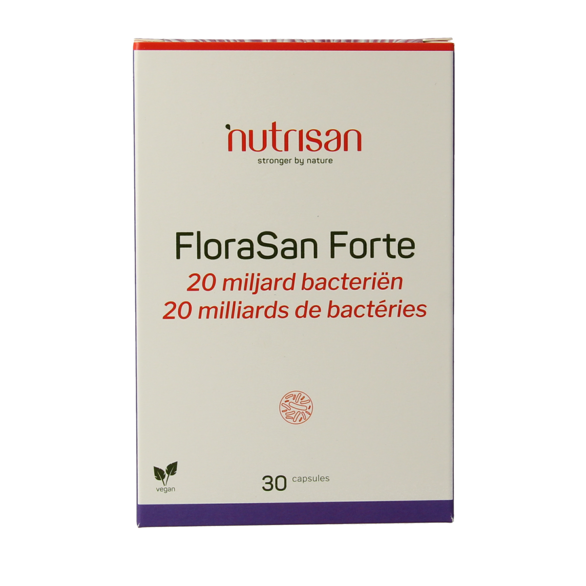 Nutrisan Florasan Forte capsules with micro-organismen, showing a bottle of dietary supplement capsules.