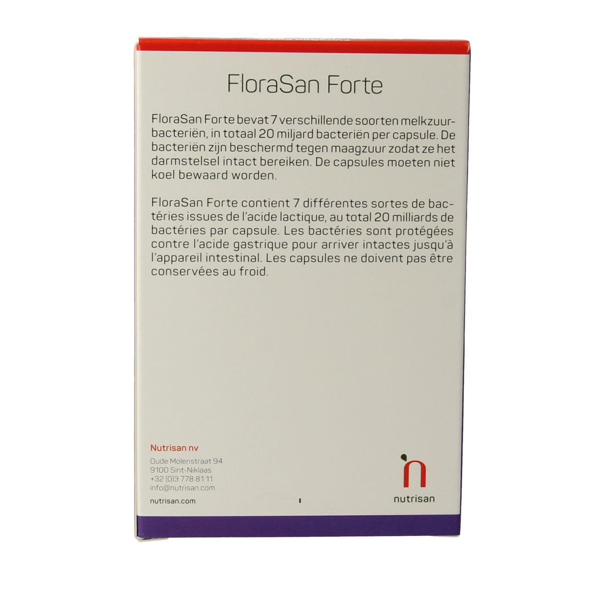 Nutrisan Florasan Forte probiotic capsules, micro-organisms supplement in a white bottle with labeled cap.