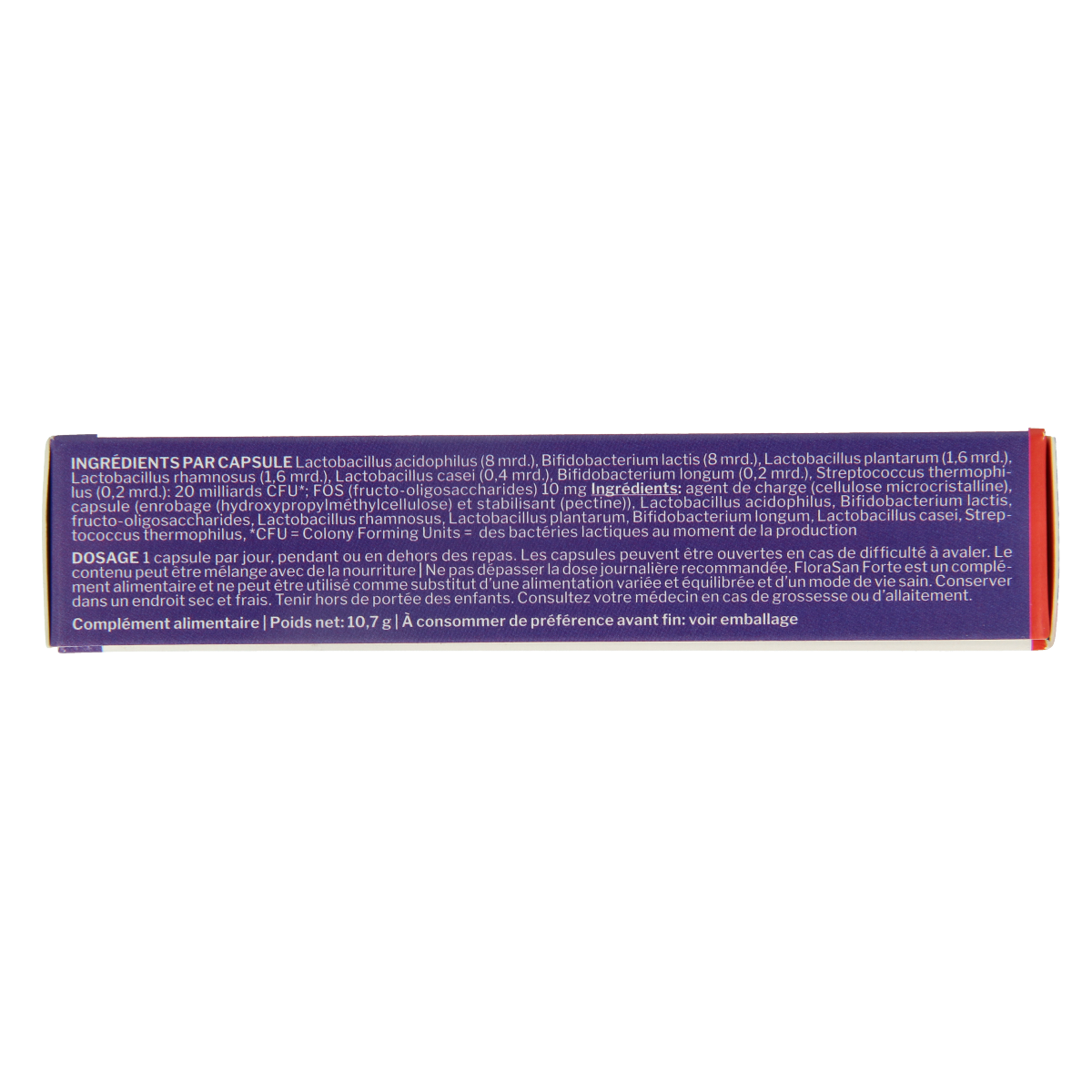 Nutrisan Florasan Forte 30 capsules of micro-organisms dietary supplement in a clear bottle with white cap.