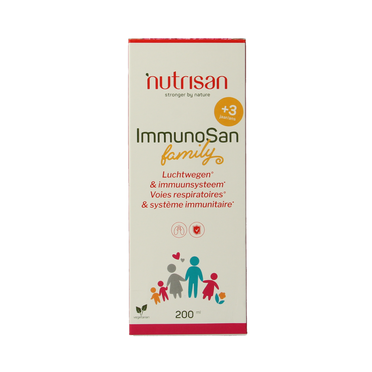 Nutrisan Immunosan familie herbal supplement bottle with 200ml liquid herbal preparation, natural ingredients, and label details.
