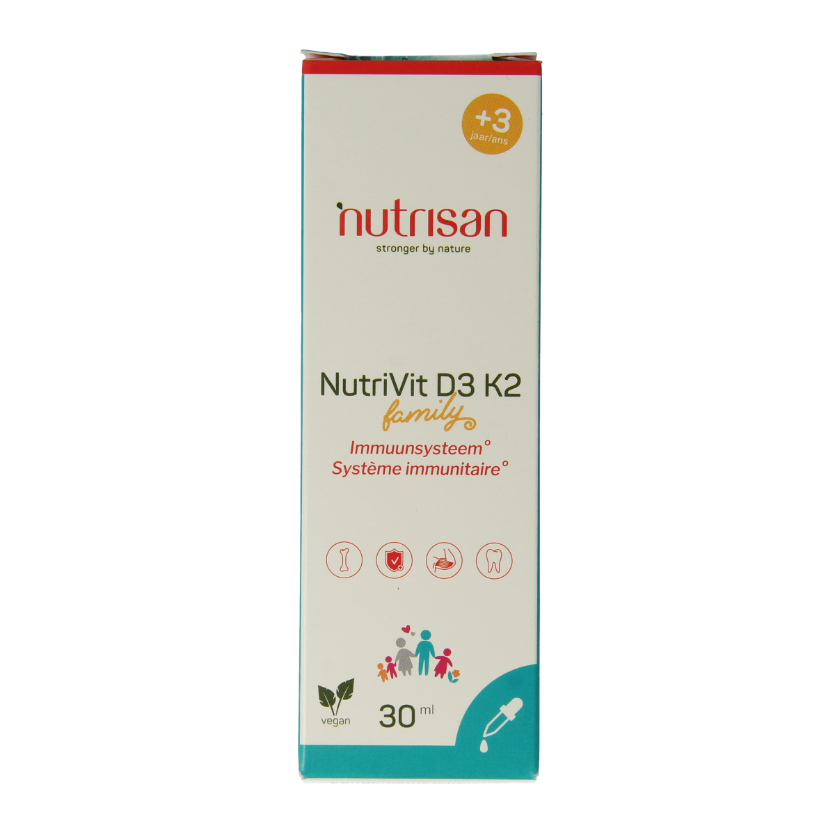 Nutrisan Nutrivit D3-K2 multivitamin bottle with 30ml liquid supplement, featuring colorful label and dropper cap.