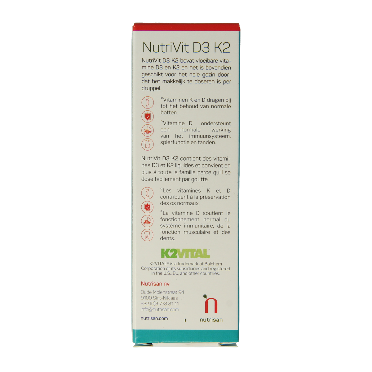 Nutrisan Nutrivit D3-K2 multivitamin liquid bottle, 30ml, with orange and yellow label showing product details and brand logo.