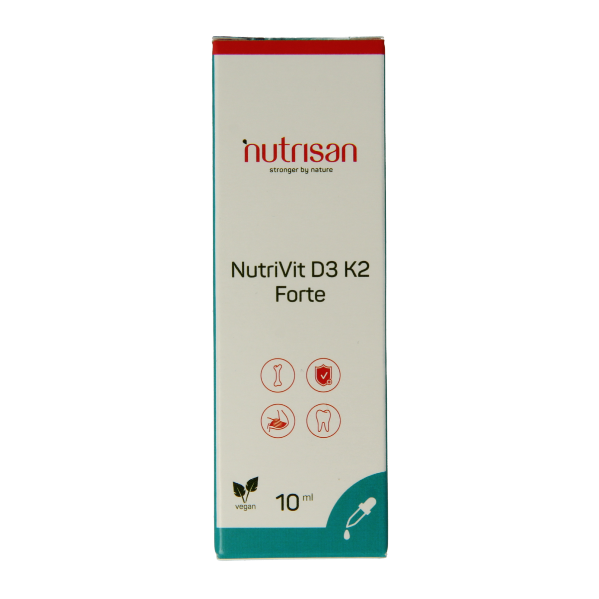 Nutrisan Nutrivit D3-K2 forte multivitamin liquid supplement in a 10ml bottle with a dropper cap.