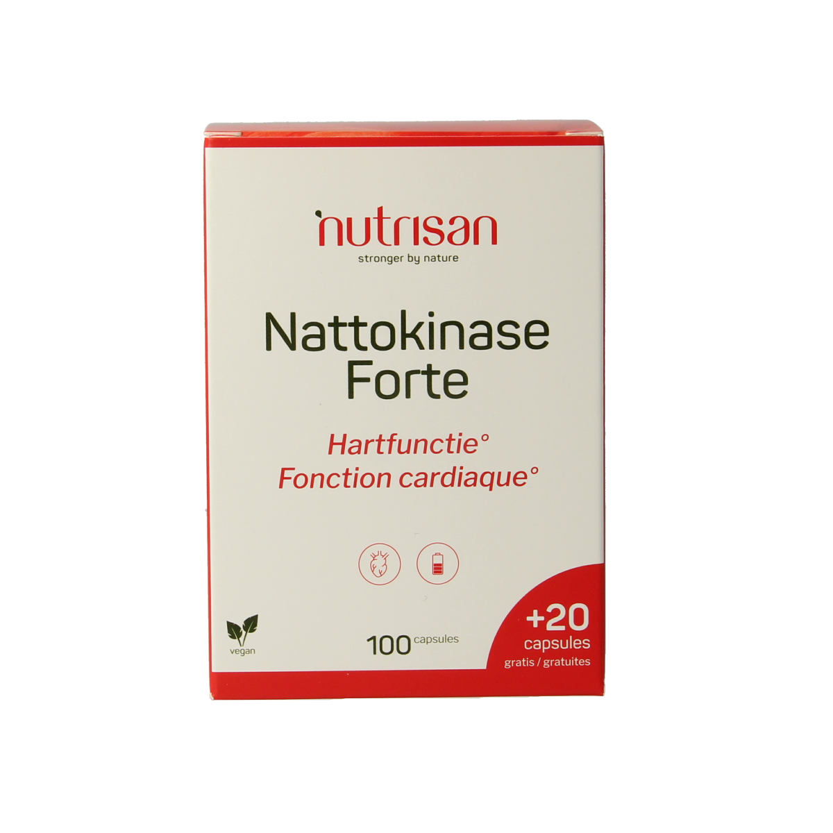 Nutrisan Nattokinase Forte 100mg capsules, dietary supplement with fiber and enzymes, in a blister pack.
