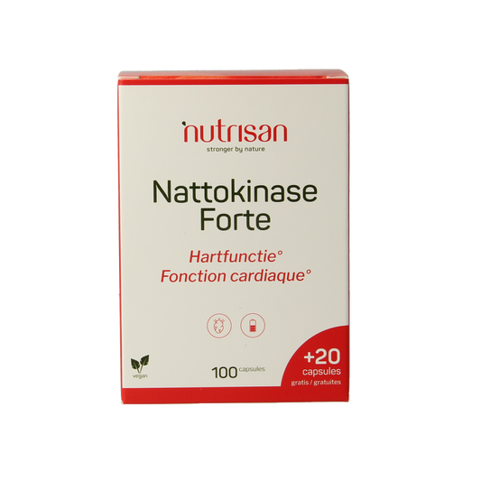Nutrisan Nattokinase Forte 100mg capsules, dietary supplement with fiber and enzymes, in a blister pack.